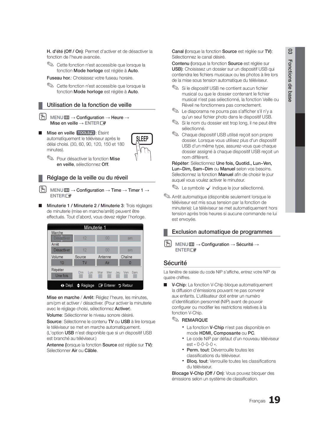 Samsung LC530-ZC, BN68-02540B-04 Sécurité, Utilisation de la fonction de veille, Réglage de la veille ou du réveil 