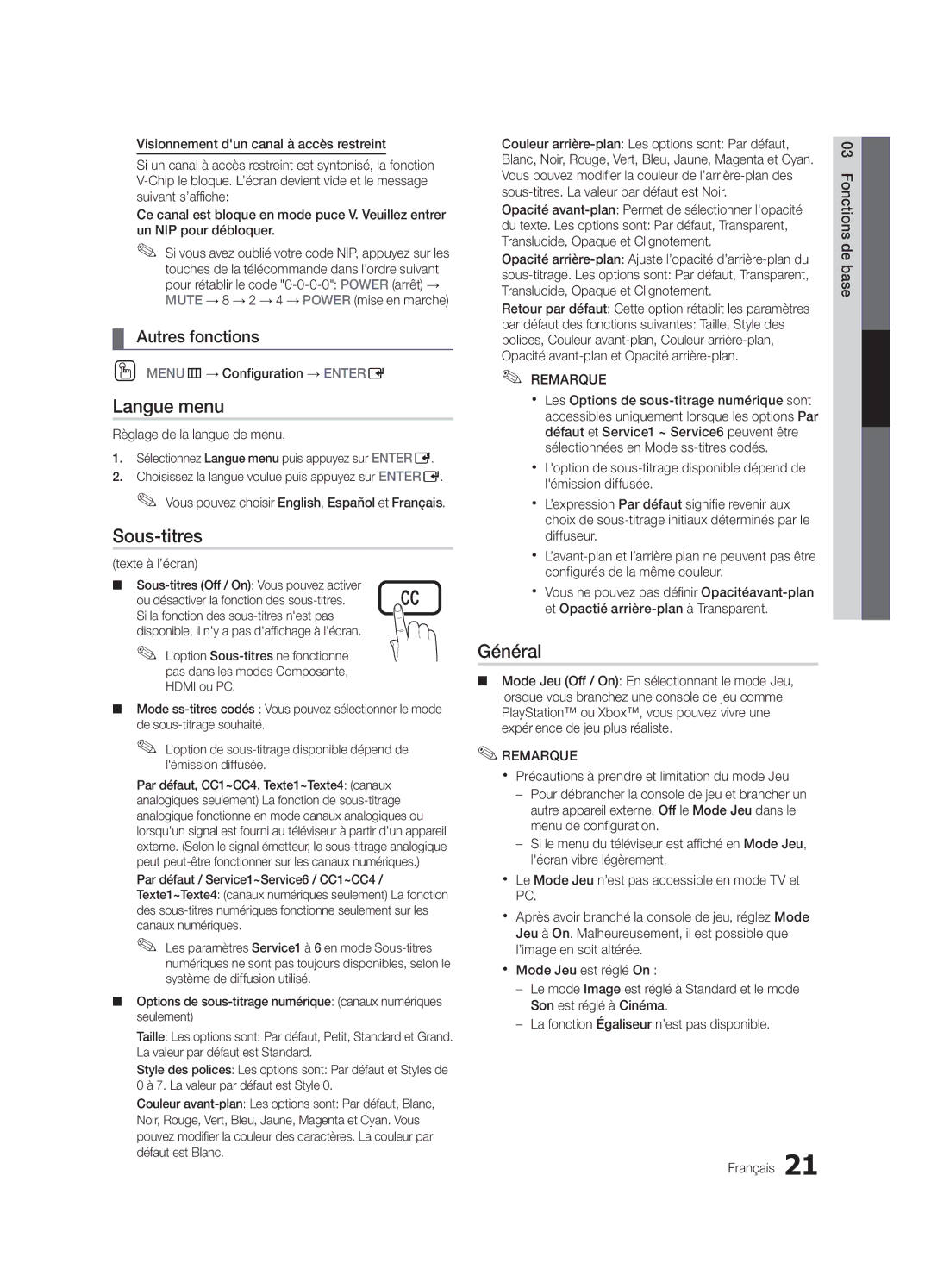 Samsung LC530-ZC, BN68-02540B-04 user manual Langue menu, Sous-titres, Général 