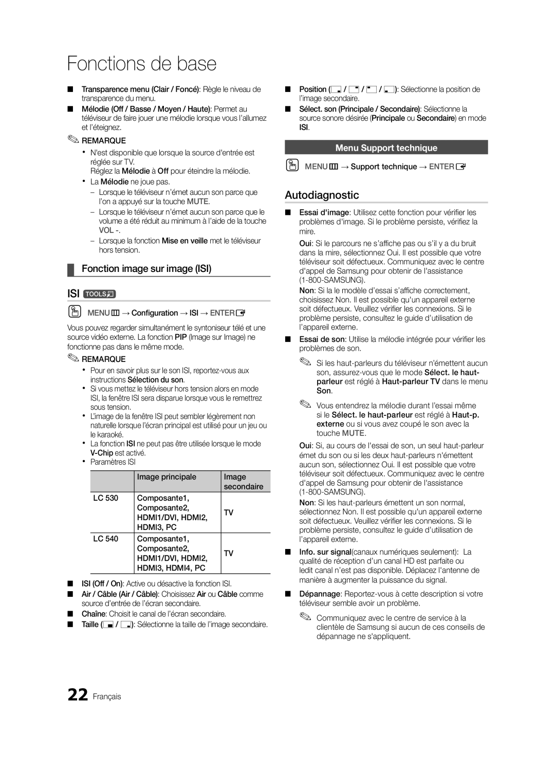 Samsung BN68-02540B-04, LC530-ZC user manual ISI t, Autodiagnostic, Fonction image sur image ISI, Menu Support technique 