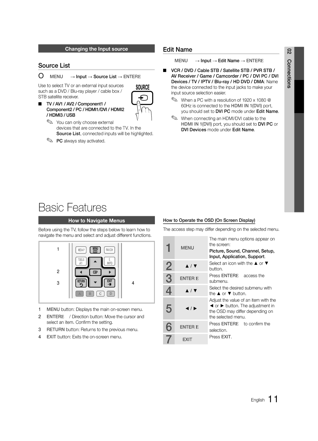 Samsung BN68-02540D-02 user manual Basic Features, Source List, Edit Name, Changing the Input source, How to Navigate Menus 