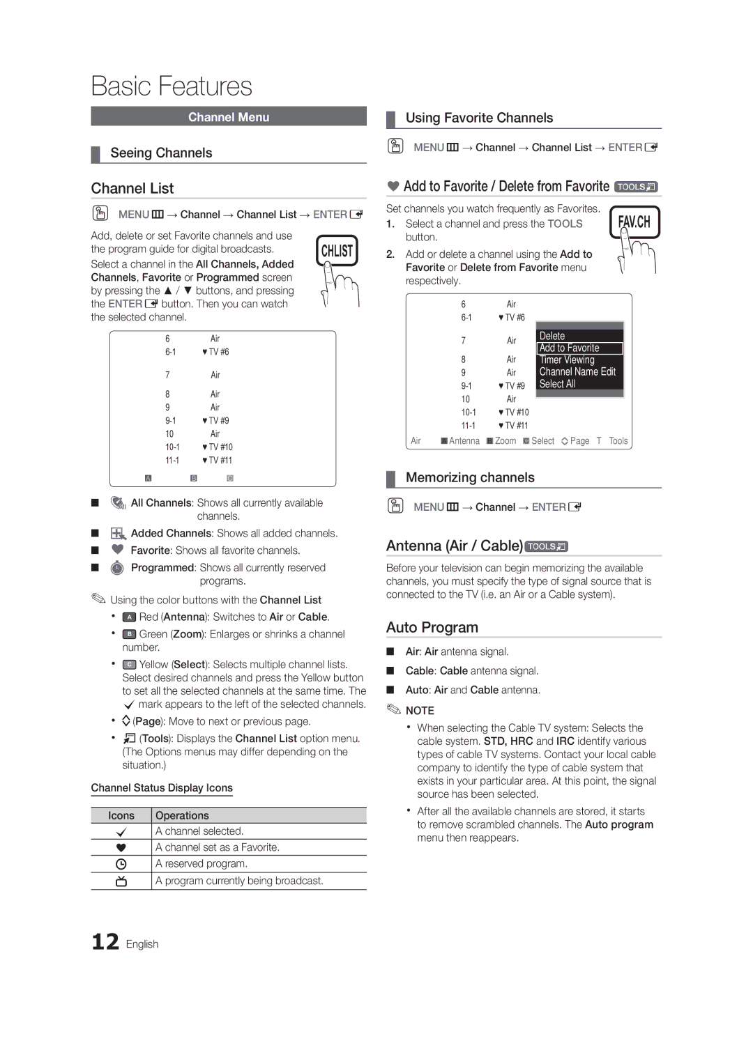 Samsung BN68-02540D-02 Channel List, Add to Favorite / Delete from Favorite t, Antenna Air / Cablet, Auto Program 