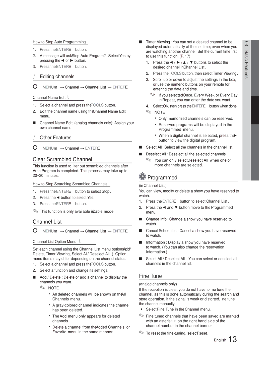 Samsung BN68-02540D-02 user manual Clear Scrambled Channel, Programmed, Fine Tune, Editing channels, Other Features 