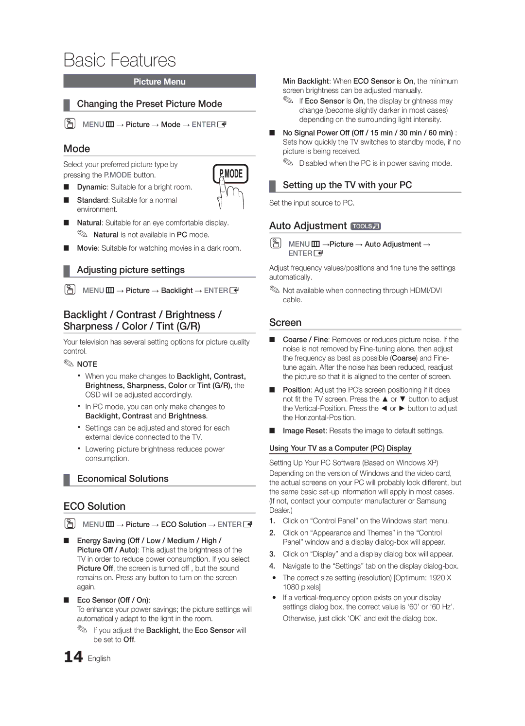 Samsung BN68-02540D-02 user manual Mode, ECO Solution, Auto Adjustment t, Screen 