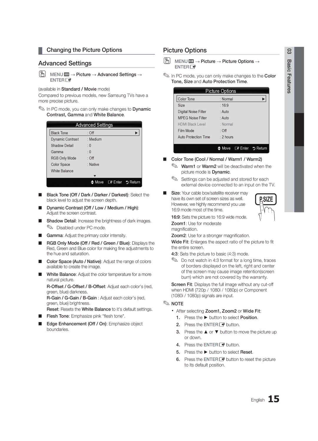 Samsung BN68-02540D-02 user manual Changing the Picture Options, OO MENUm→ Picture → Advanced Settings → 