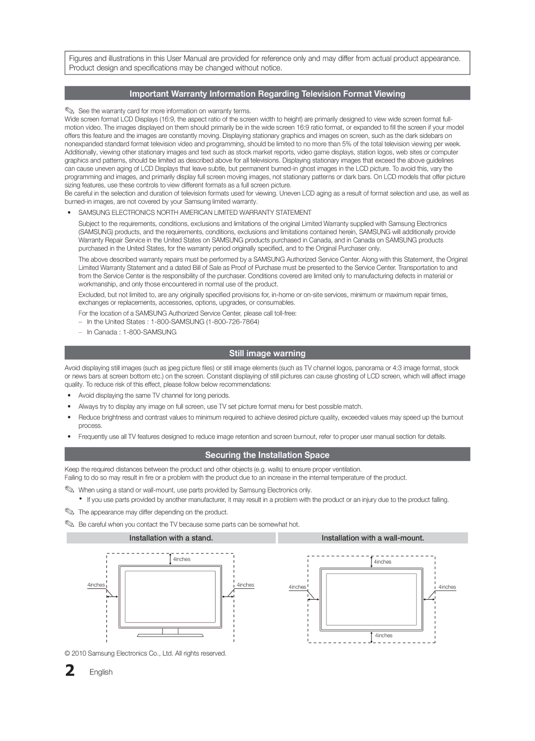 Samsung BN68-02540D-02 user manual Still image warning, Securing the Installation Space, Installation with a stand, English 