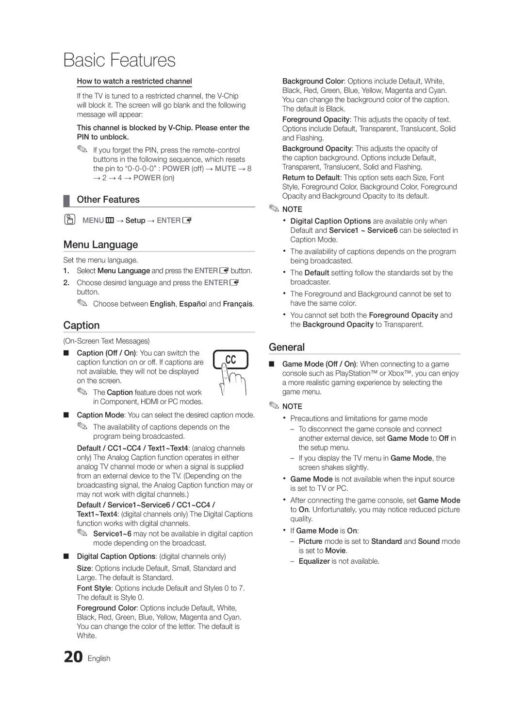 Samsung BN68-02540D-02 user manual Menu Language, Caption, General, → 2 → 4 → Power on, OO MENUm→ Setup → Entere 