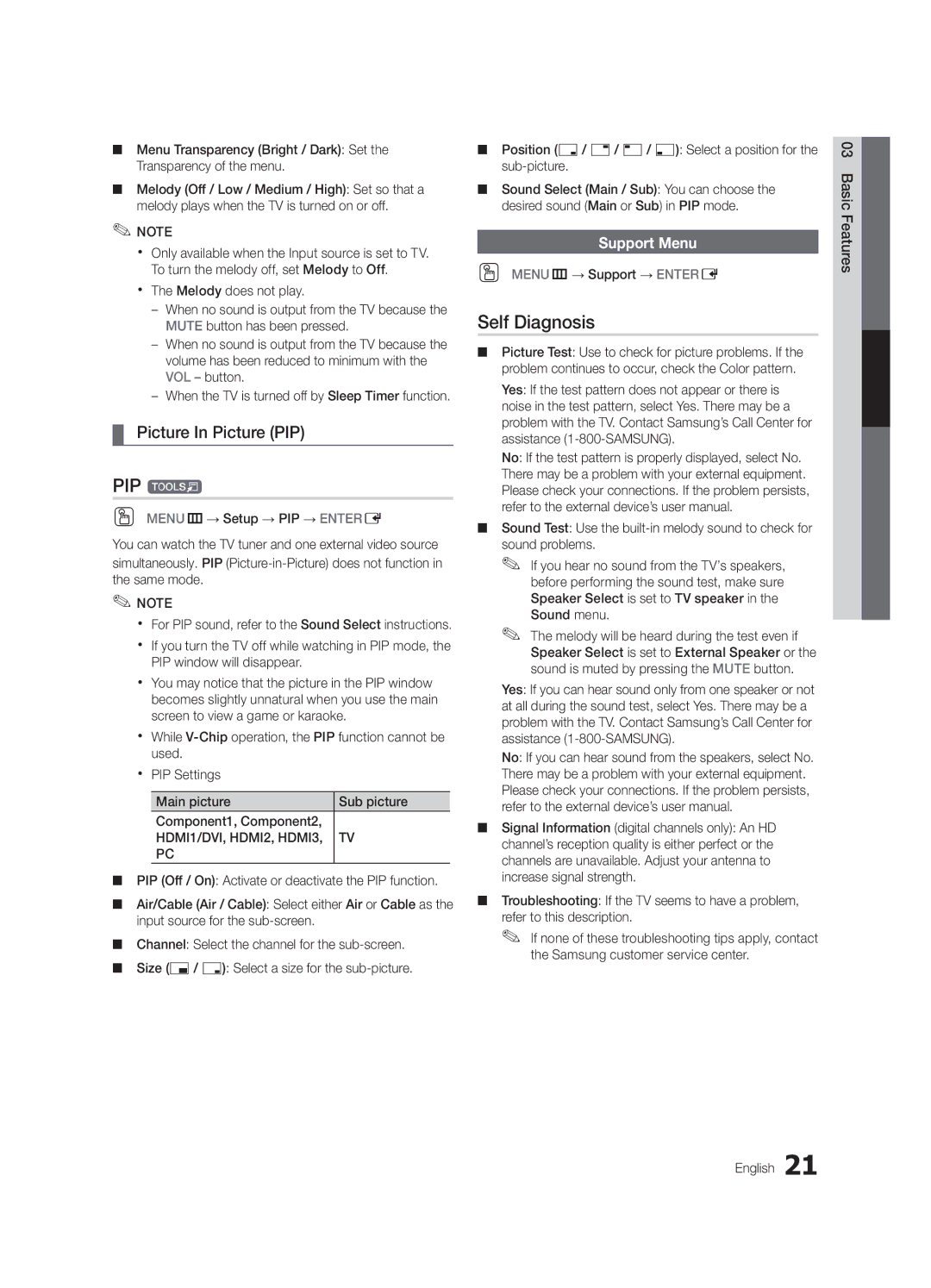 Samsung BN68-02540D-02 user manual PIP t, Self Diagnosis, Picture In Picture PIP, Support Menu 