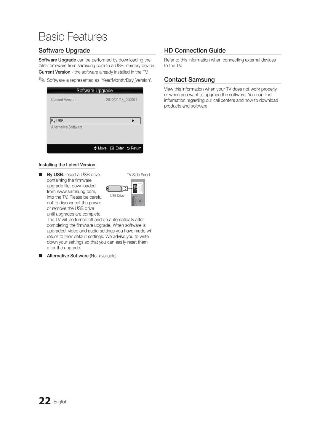 Samsung BN68-02540D-02 user manual Software Upgrade, HD Connection Guide, Contact Samsung, By USB 