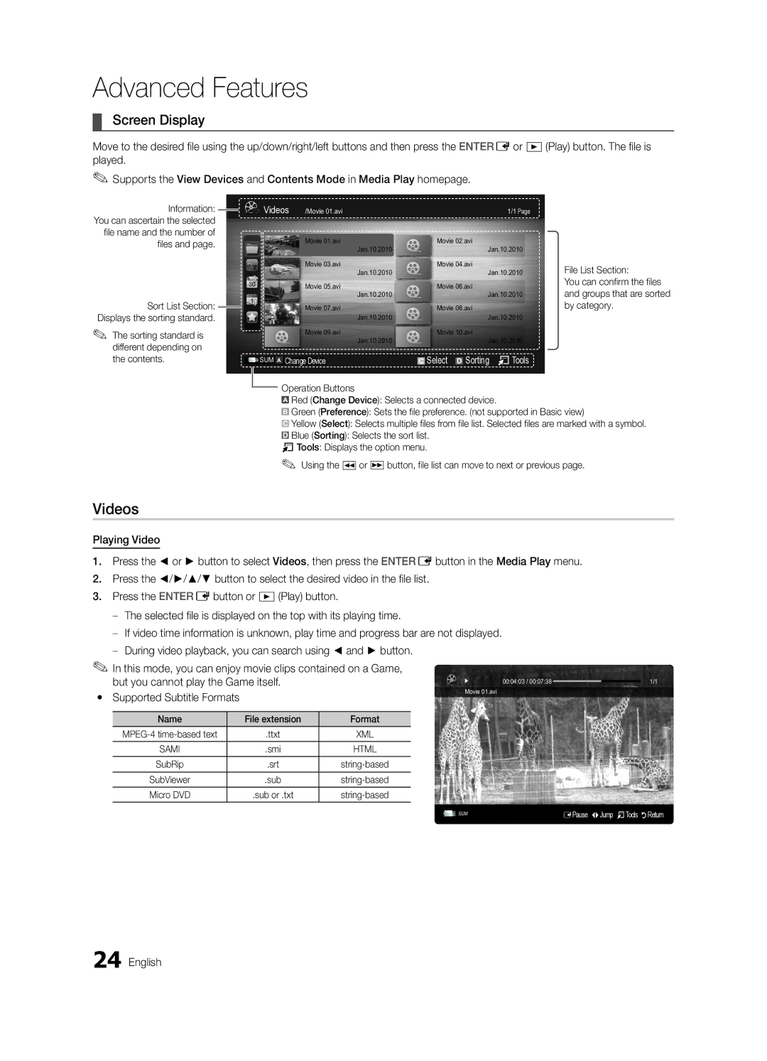 Samsung BN68-02540D-02 Videos, Screen Display, But you cannot play the Game itself, Yy Supported Subtitle Formats 