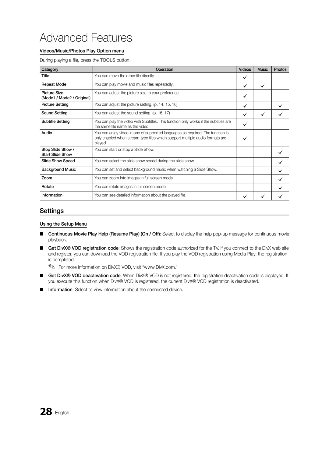 Samsung BN68-02540D-02 user manual Settings, Same file name as the video Audio 