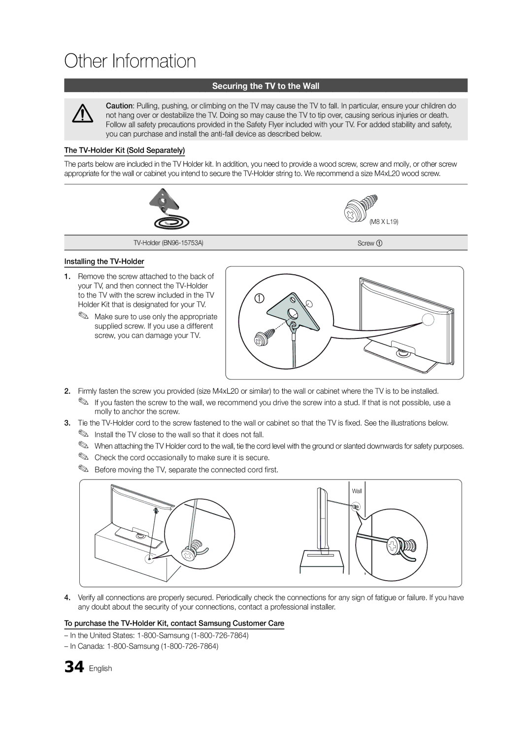 Samsung BN68-02540D-02 user manual Securing the TV to the Wall, TV-Holder Kit Sold Separately, Installing the TV-Holder 