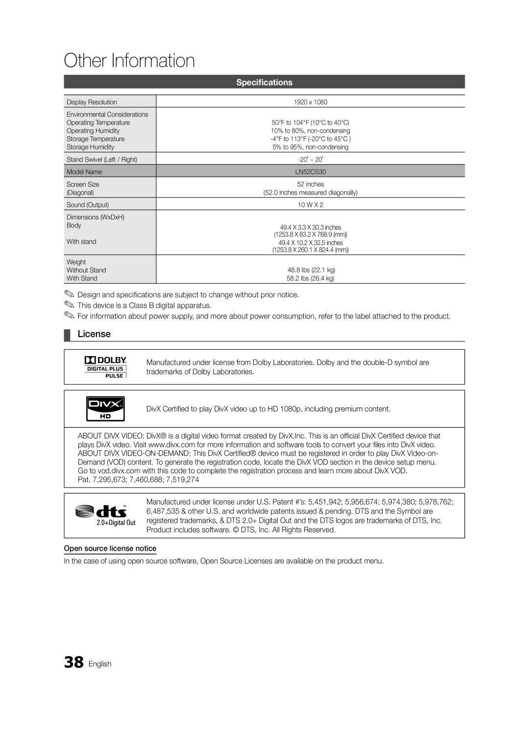 Samsung BN68-02540D-02 user manual License, Specifications 