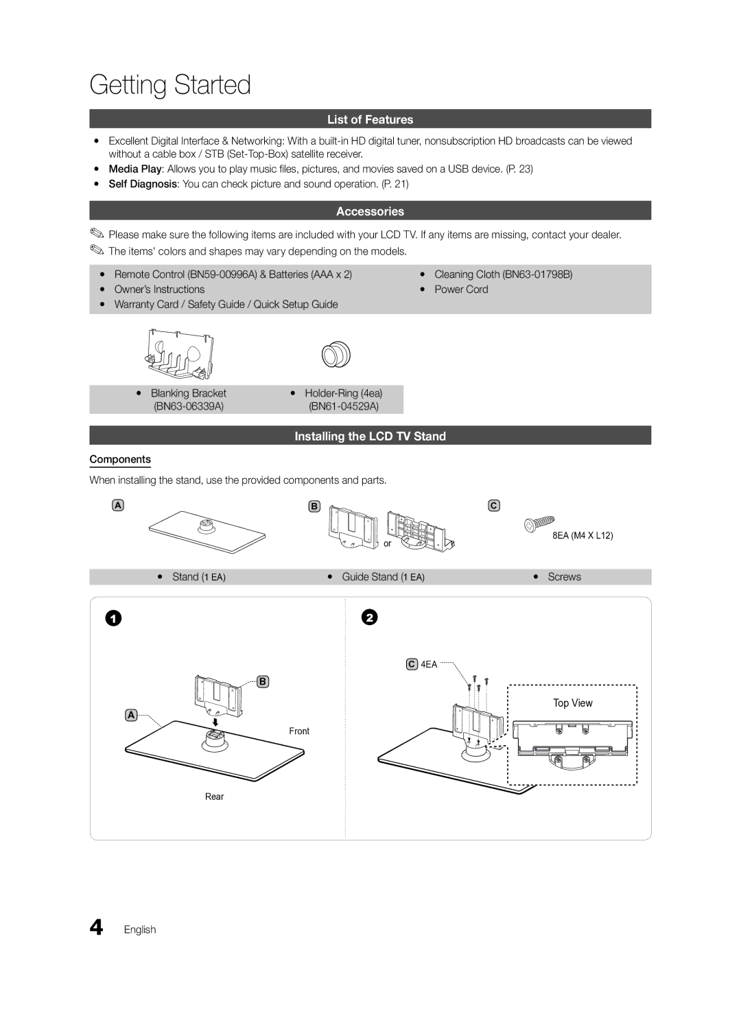 Samsung BN68-02540D-02 user manual Getting Started, List of Features, Accessories, Installing the LCD TV Stand, BN63-06339A 