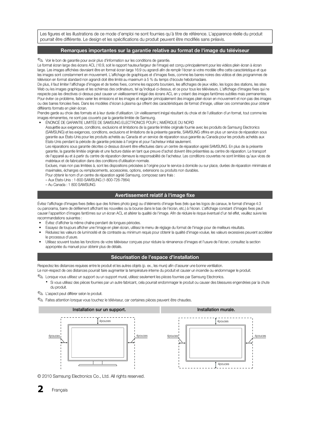 Samsung BN68-02540D-02 user manual Avertissement relatif à limage fixe, Sécurisation de l’espace d’installation, Français 