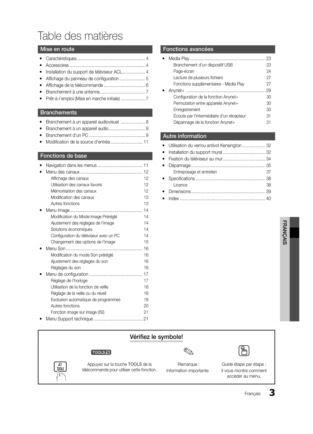 Samsung BN68-02540D-02 user manual Table des matières, Vérifiez le symbole 