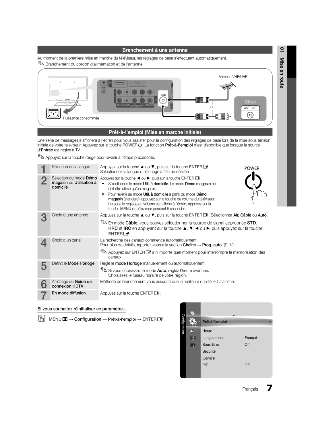 Samsung BN68-02540D-02 user manual Branchement à une antenne, Prêt-à-l’emploi Mise en marche initiale 