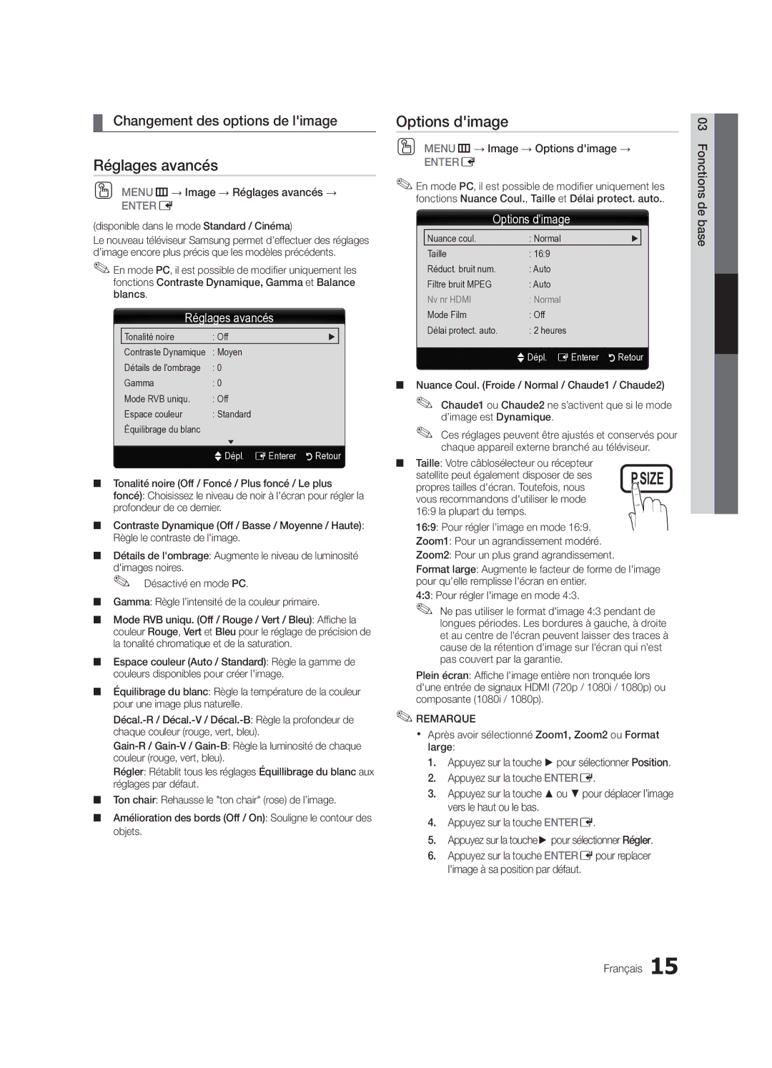 Samsung BN68-02540D-02 user manual Réglages avancés, Options dimage, Changement des options de limage 