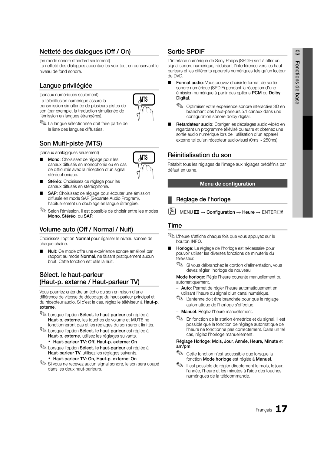 Samsung BN68-02540D-02 user manual Netteté des dialogues Off / On, Langue privilégiée, Son Multi-piste MTS, Sortie Spdif 