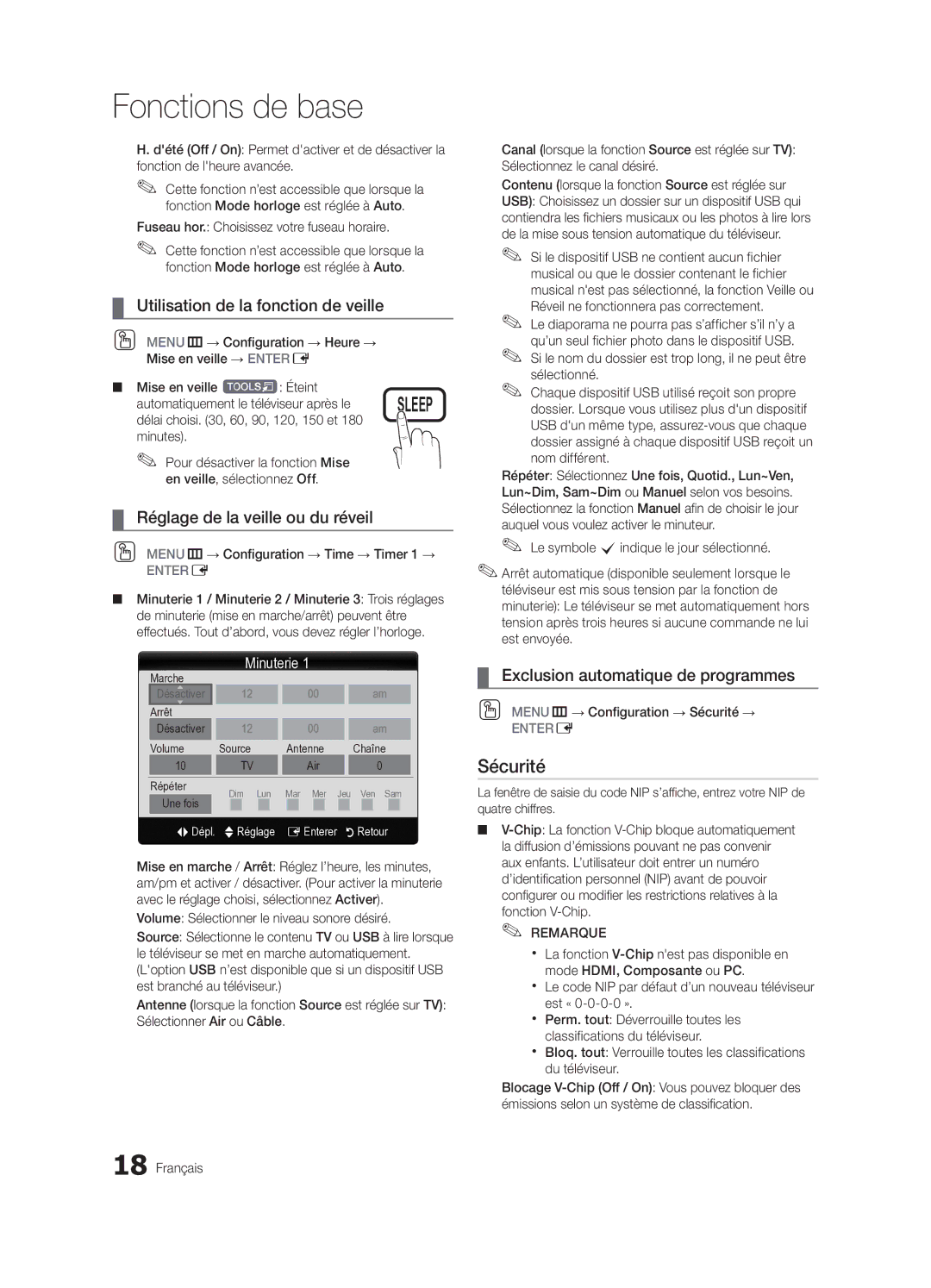 Samsung BN68-02540D-02 user manual Sécurité, Utilisation de la fonction de veille, Réglage de la veille ou du réveil 