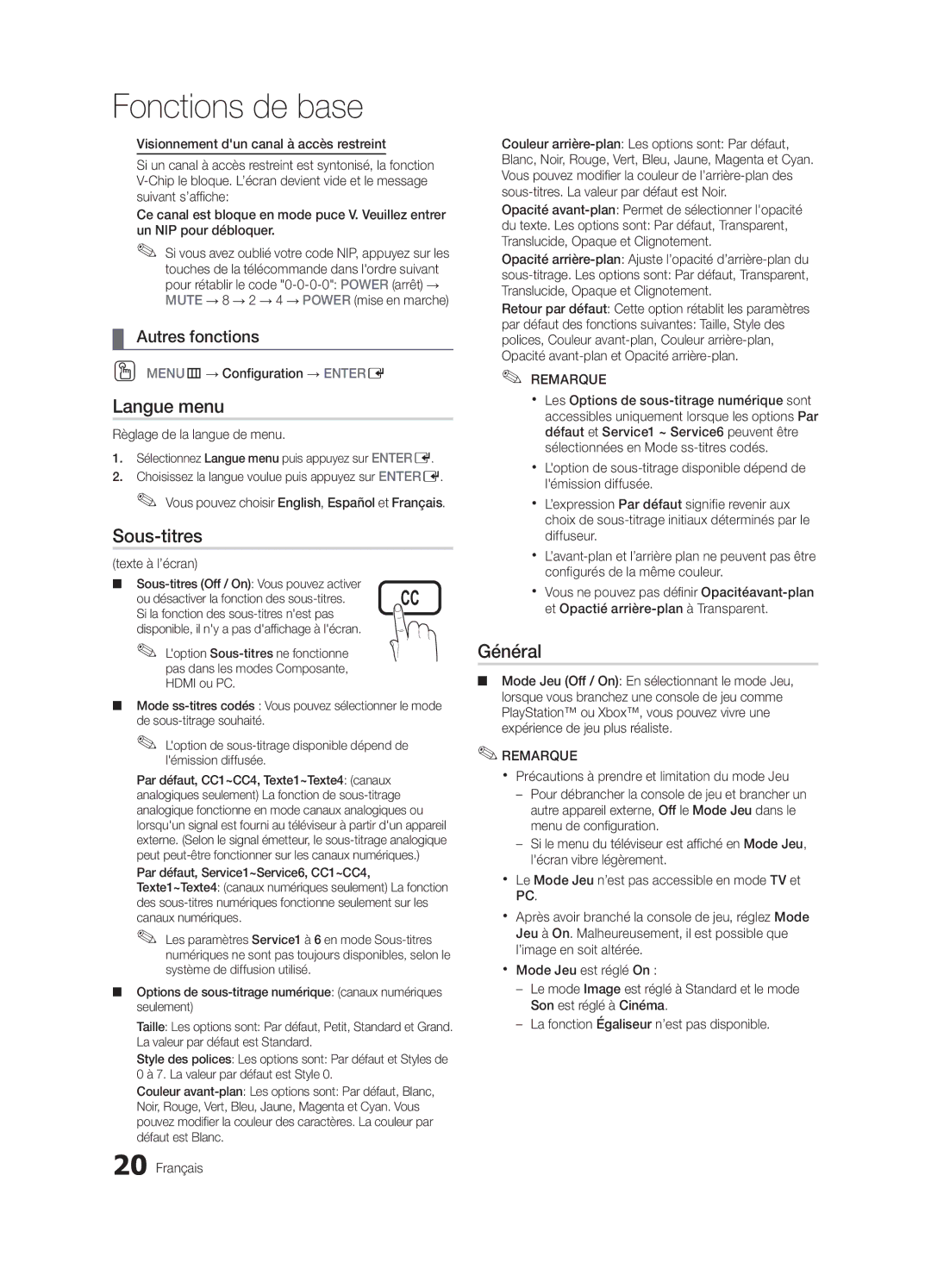 Samsung BN68-02540D-02 user manual Langue menu, Sous-titres, Général 