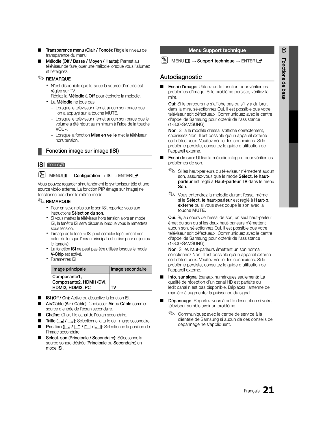 Samsung BN68-02540D-02 user manual ISI t, Autodiagnostic, Fonction image sur image ISI, Menu Support technique 