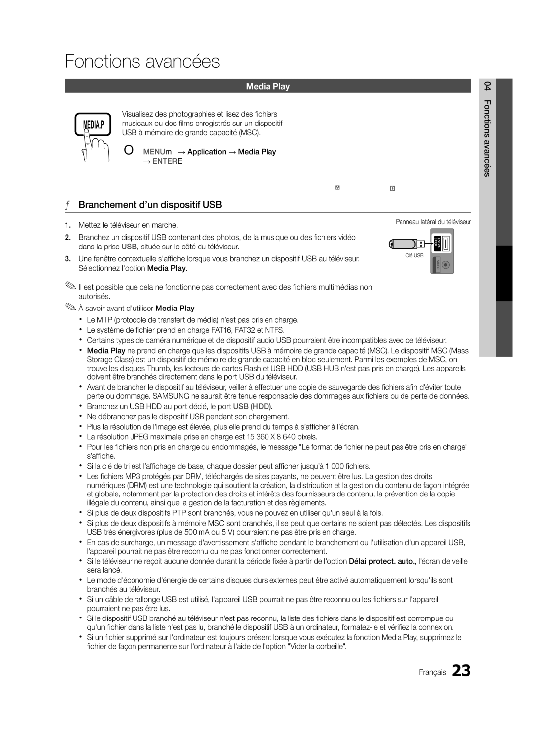 Samsung BN68-02540D-02 user manual Fonctions avancées, Branchement d’un dispositif USB, Mettez le téléviseur en marche 