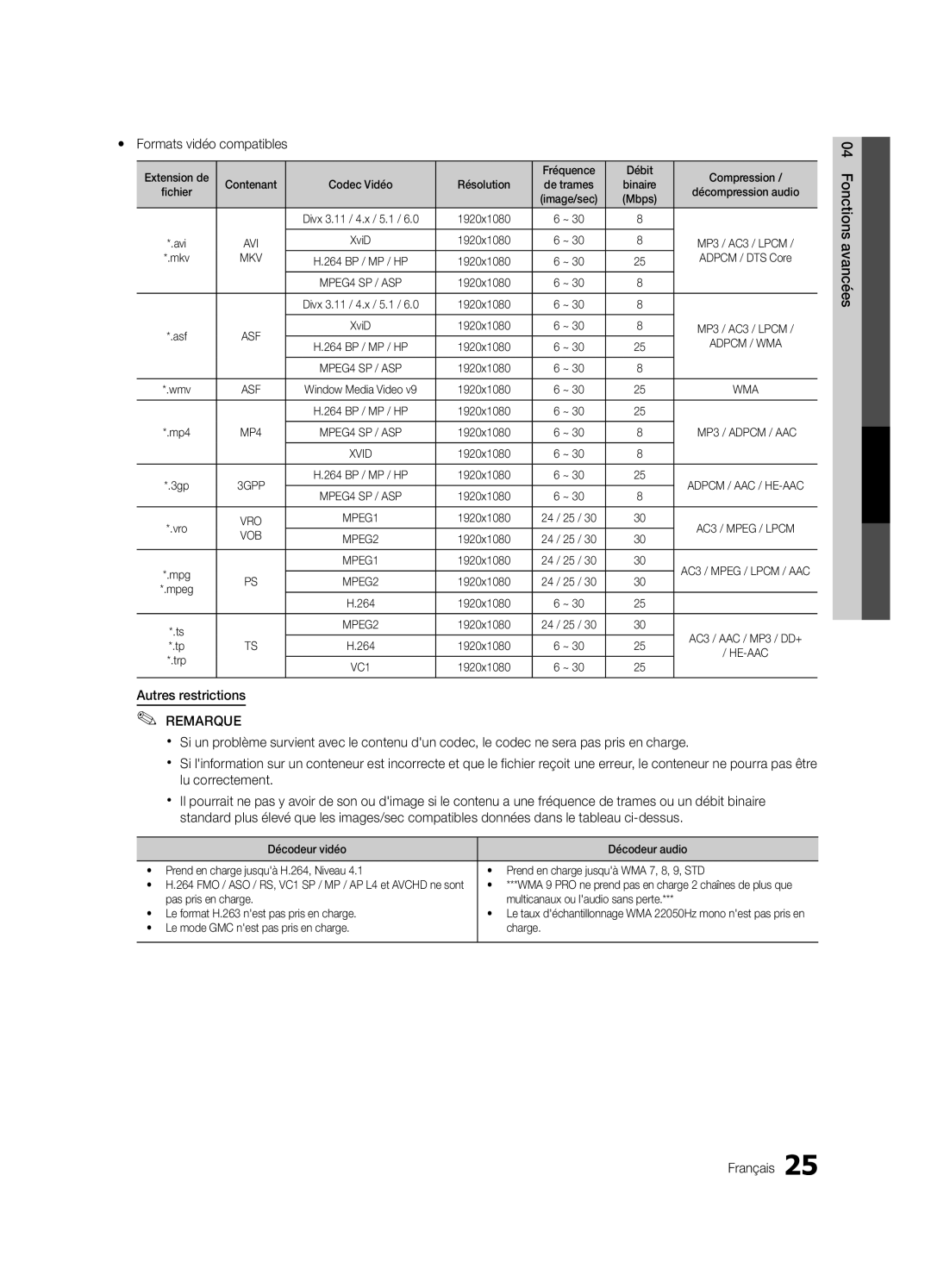 Samsung BN68-02540D-02 user manual Yy Formats vidéo compatibles, Autres restrictions, Fonctions avancées Français 