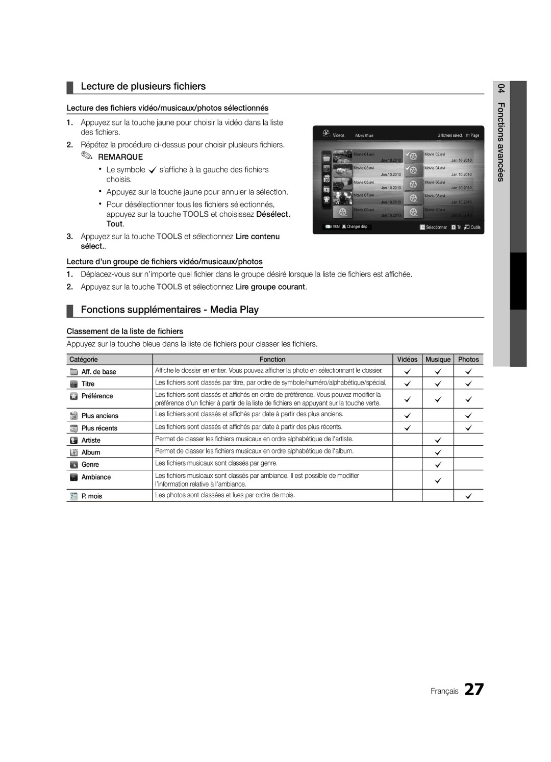 Samsung BN68-02540D-02 user manual Lecture de plusieurs fichiers, Fonctions supplémentaires Media Play, Titre, Préférence 