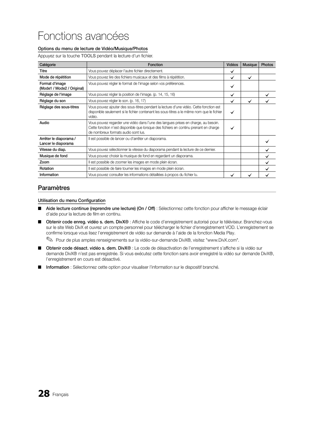 Samsung BN68-02540D-02 user manual Paramètres, Vidéo Audio 