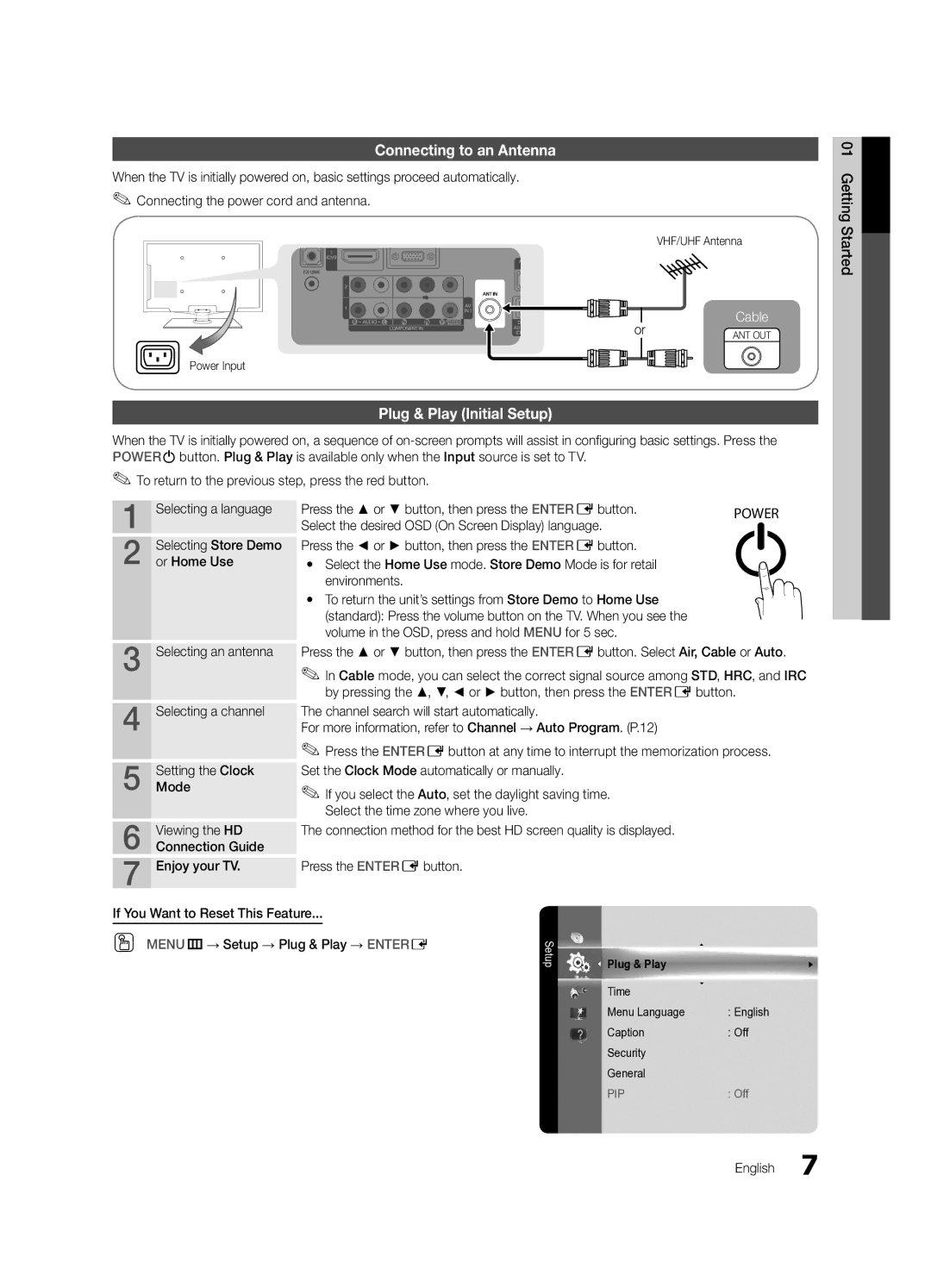 Samsung BN68-02540D-02 user manual Connecting to an Antenna, Plug & Play Initial Setup, Or Home Use 