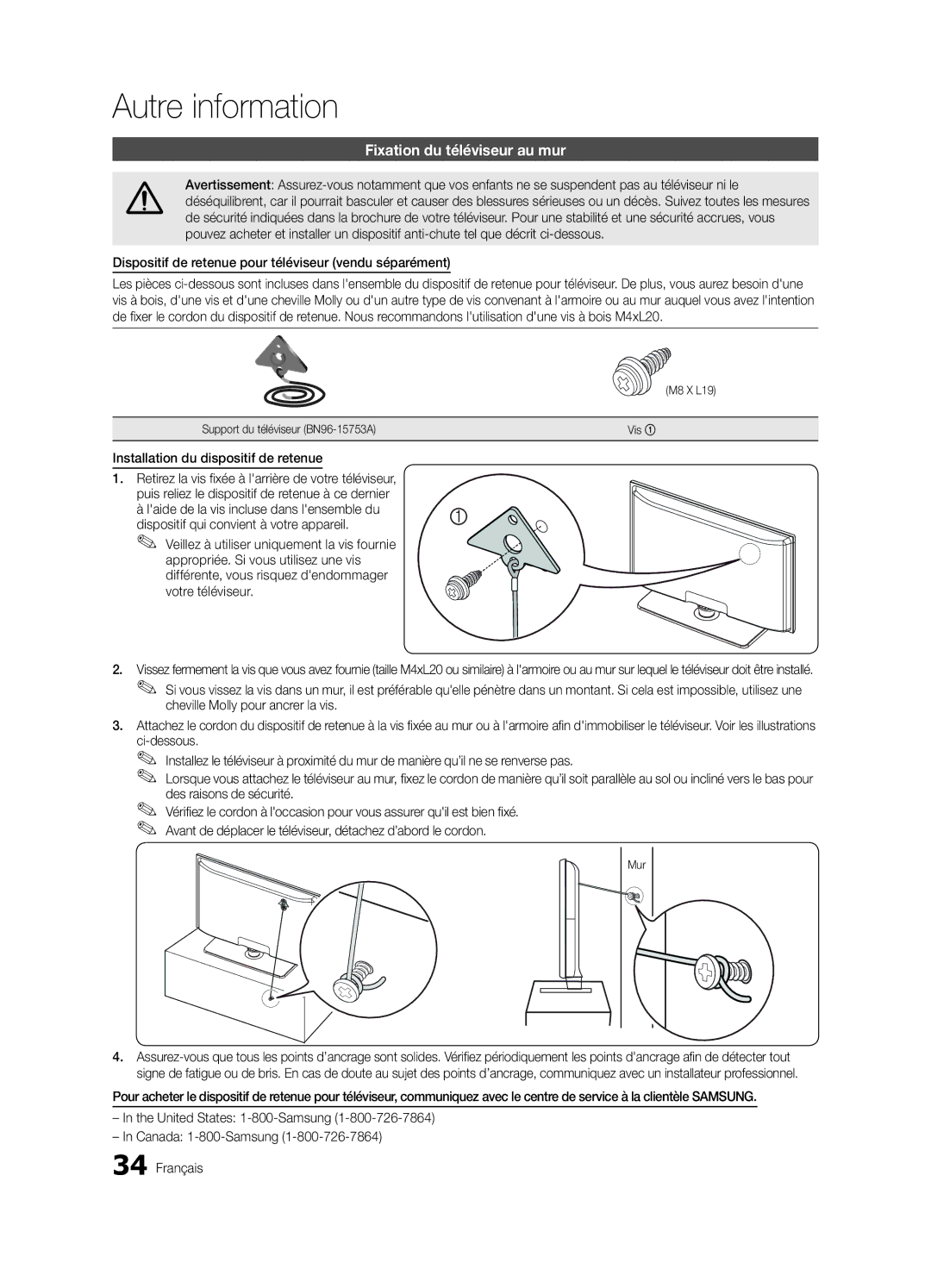 Samsung BN68-02540D-02 user manual Fixation du téléviseur au mur, Installation du dispositif de retenue 