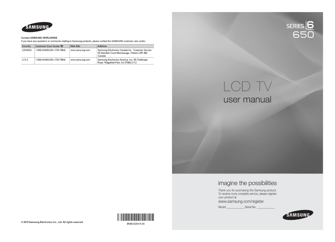 Samsung LC650-ZA, BN68-02541A-04 user manual Contact Samsung Worldwide, Samsung Electronics Canada Inc., Customer Service 