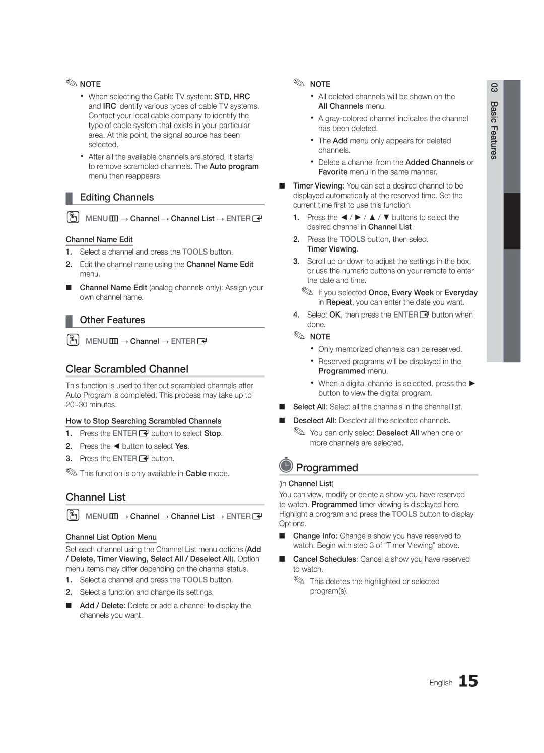 Samsung LC650-ZA, BN68-02541A-04 user manual Clear Scrambled Channel, Programmed, Editing Channels, Other Features 