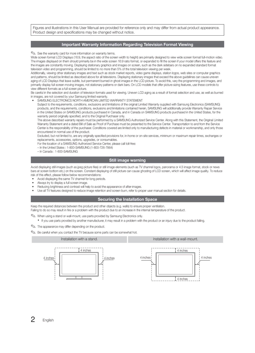 Samsung BN68-02541A-04, LC650-ZA Still image warning, Securing the Installation Space, Installation with a stand, English 