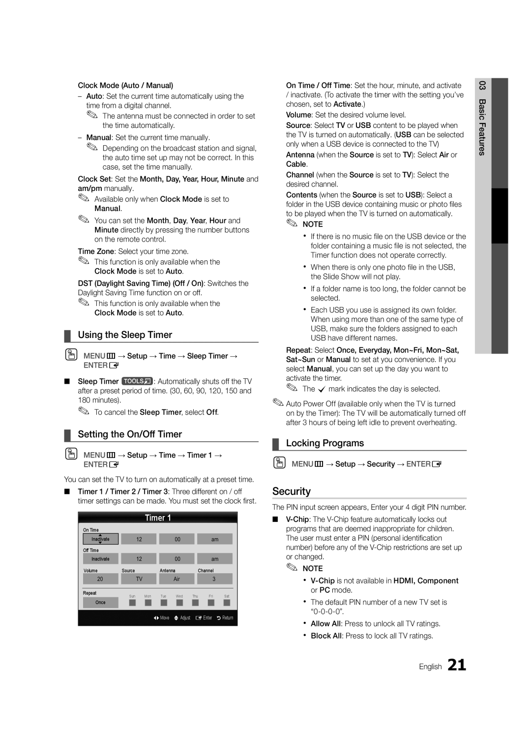 Samsung LC650-ZA, BN68-02541A-04 user manual Security, Using the Sleep Timer, Setting the On/Off Timer, Locking Programs 