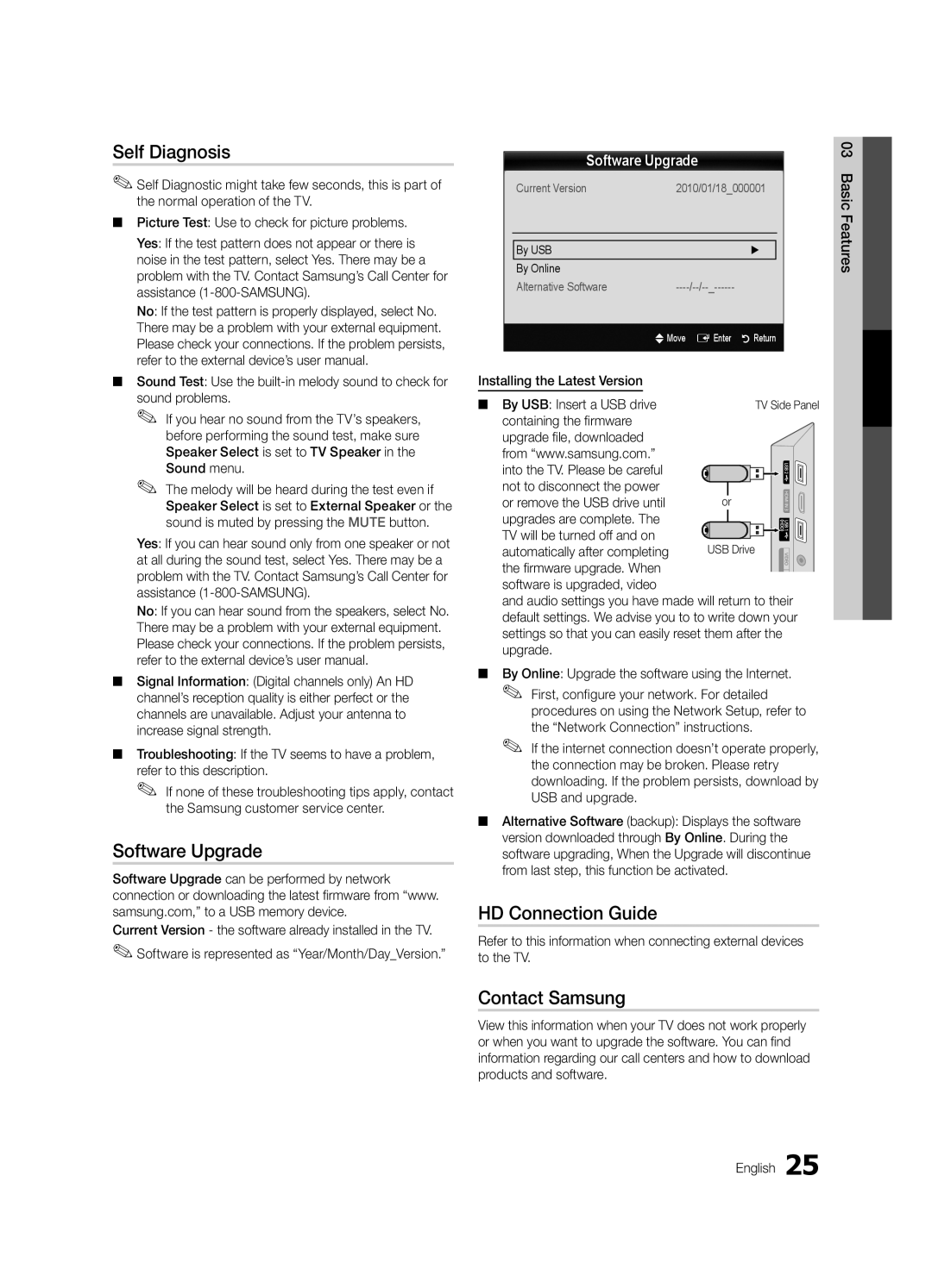 Samsung LC650-ZA, BN68-02541A-04 user manual Self Diagnosis, Software Upgrade, HD Connection Guide, Contact Samsung 