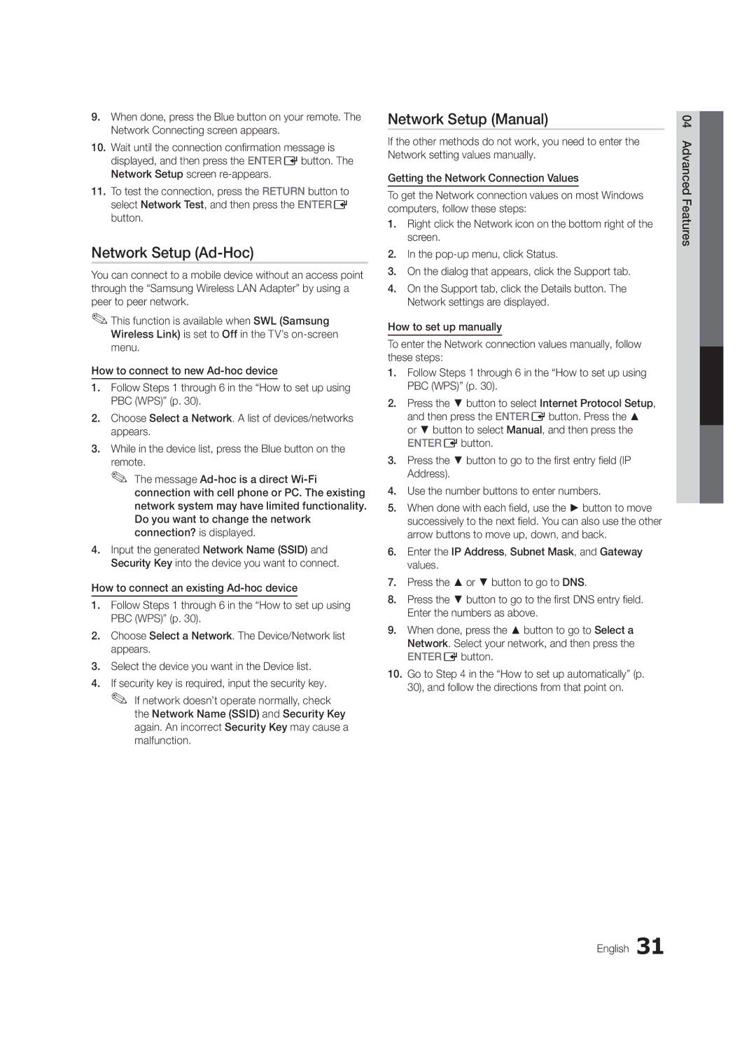 Samsung LC650-ZA, BN68-02541A-04 user manual Network Setup Ad-Hoc, Advanced Features English 