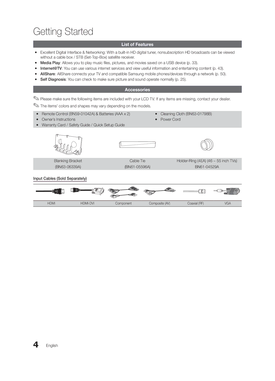 Samsung BN68-02541A-04, LC650-ZA List of Features, Accessories, Input Cables Sold Separately, Cleaning Cloth BN63-01798B 