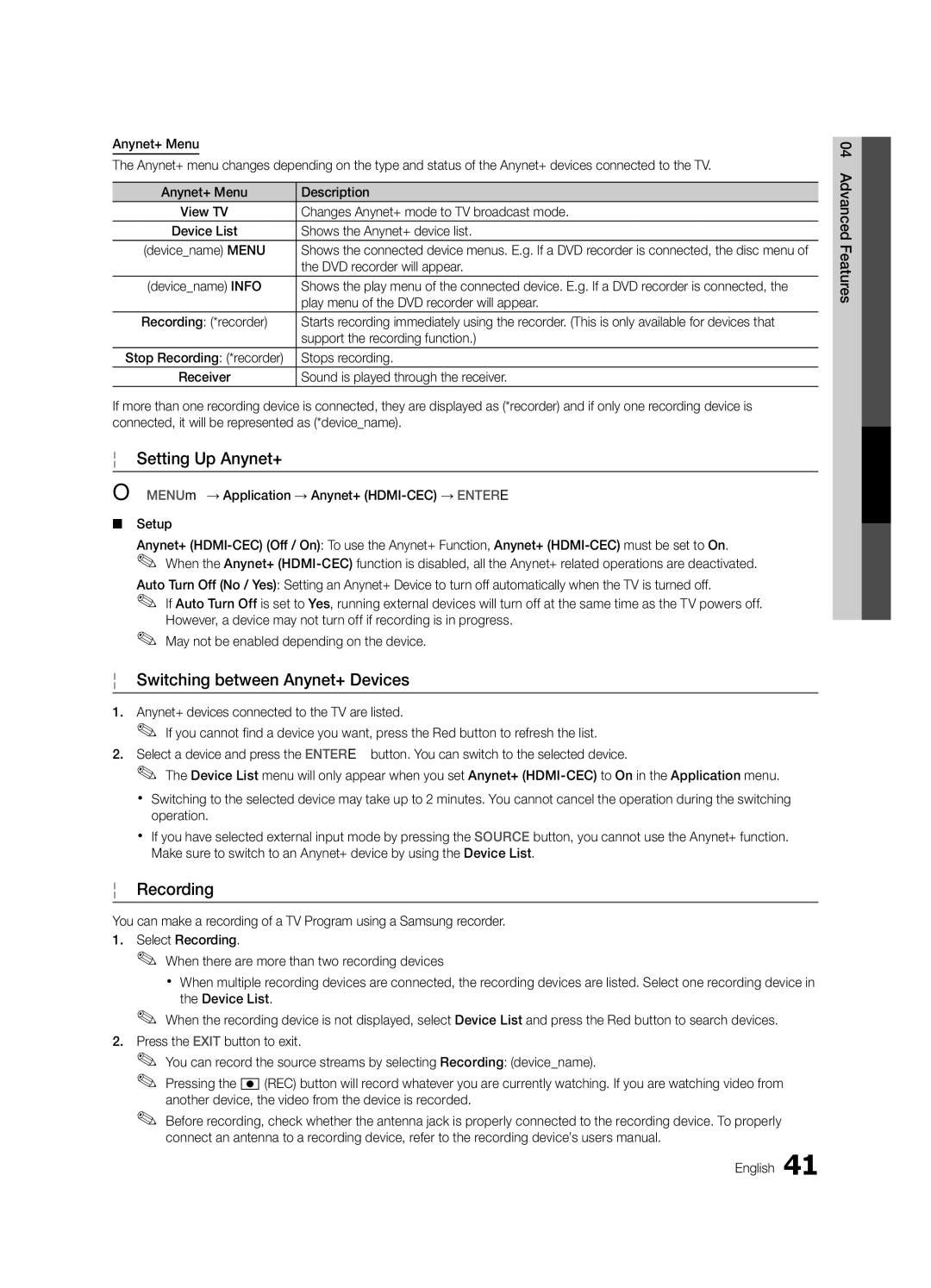 Samsung LC650-ZA, BN68-02541A-04 user manual Setting Up Anynet+, Switching between Anynet+ Devices, Recording 