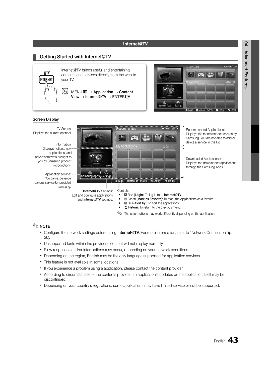 Samsung LC650-ZA, BN68-02541A-04 user manual Getting Started with Internet@TV, Features Screen Display 