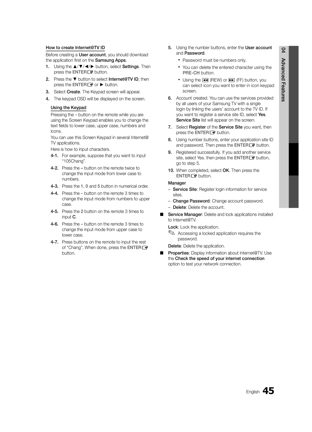 Samsung LC650-ZA, BN68-02541A-04 user manual How to create Internet@TV ID, Advanced Features English 