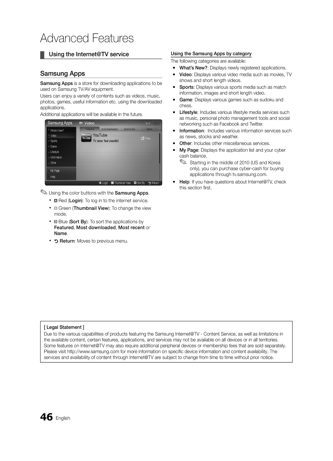 Samsung BN68-02541A-04, LC650-ZA user manual Samsung Apps, Using the Internet@TV service 