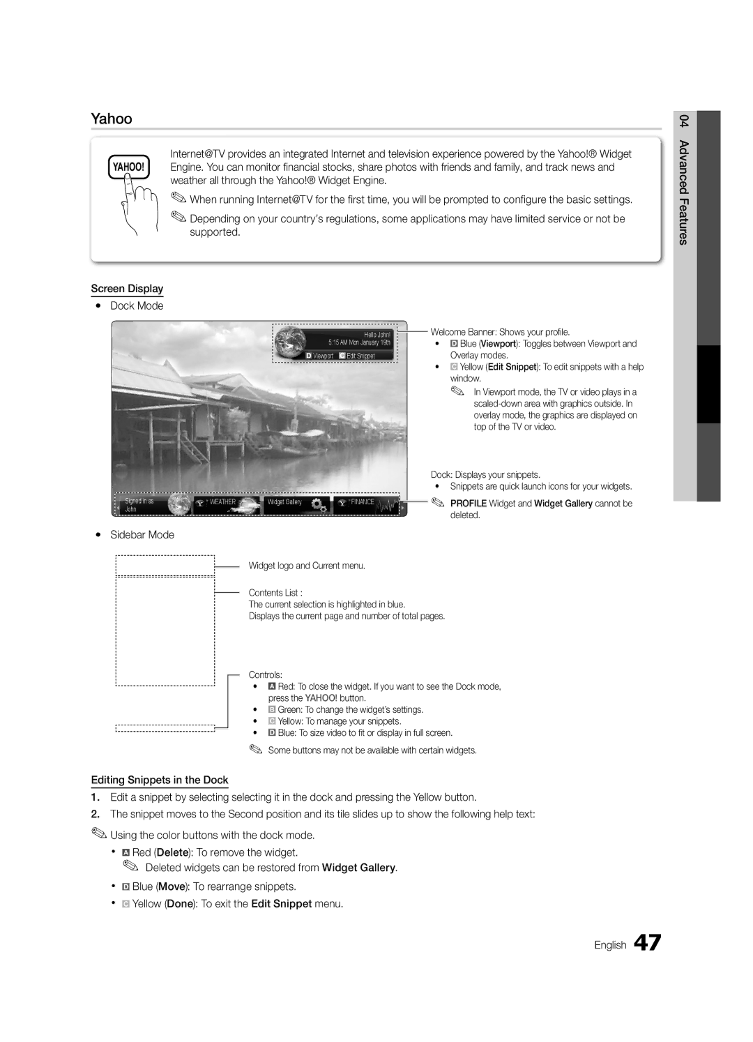 Samsung LC650-ZA, BN68-02541A-04 user manual Yahoo, Sidebar Mode 