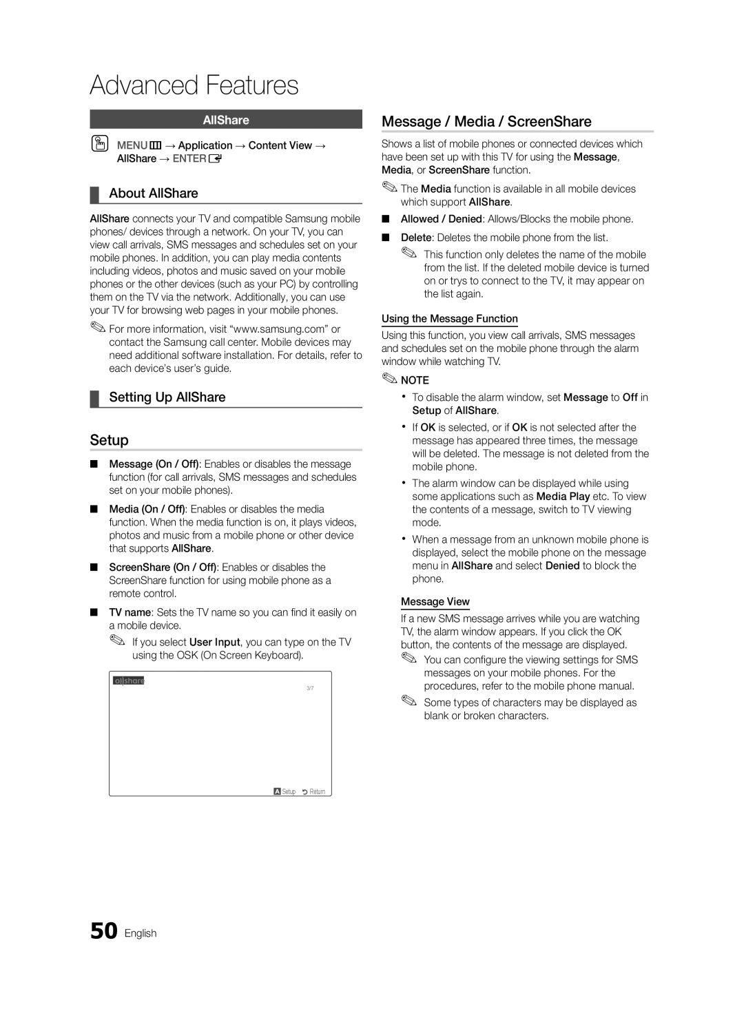 Samsung BN68-02541A-04, LC650-ZA user manual Setup, Message / Media / ScreenShare, About AllShare, Setting Up AllShare 