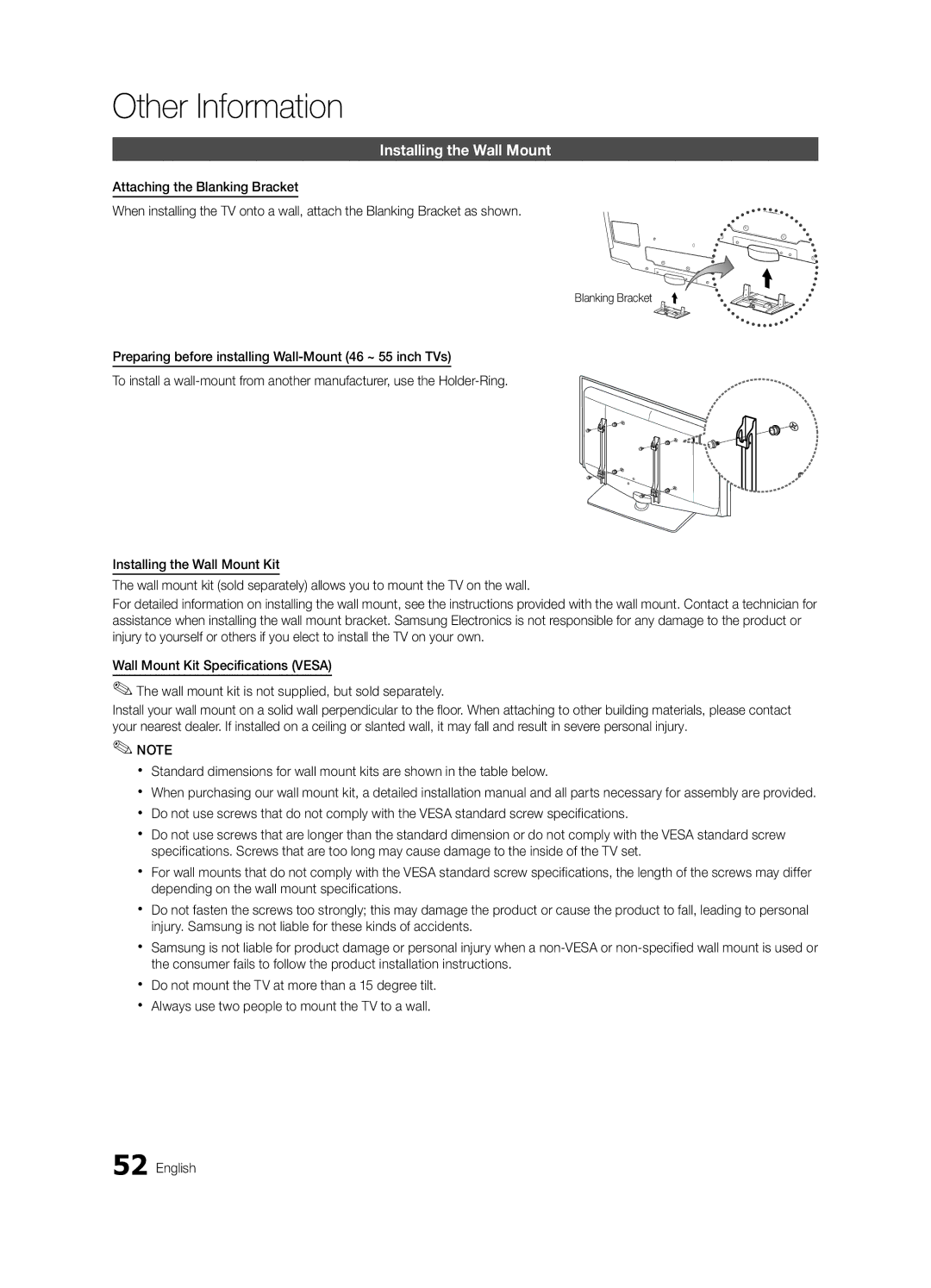 Samsung BN68-02541A-04, LC650-ZA user manual Installing the Wall Mount, Blanking Bracket 