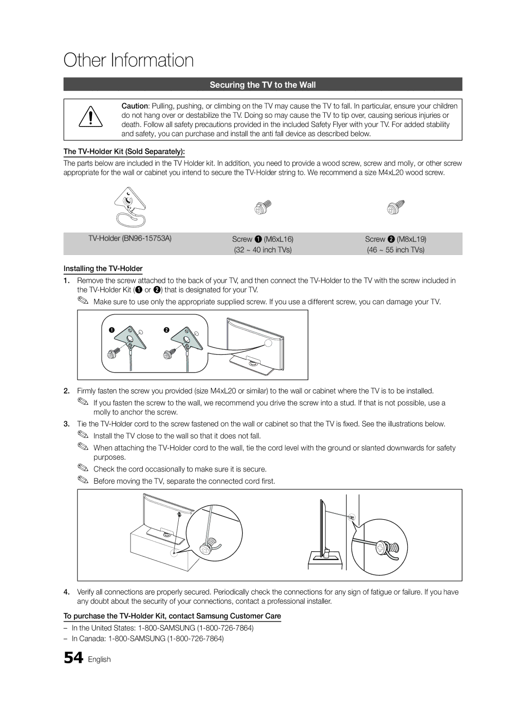 Samsung BN68-02541A-04, LC650-ZA Securing the TV to the Wall, TV-Holder Kit Sold Separately, TV-Holder BN96-15753A 