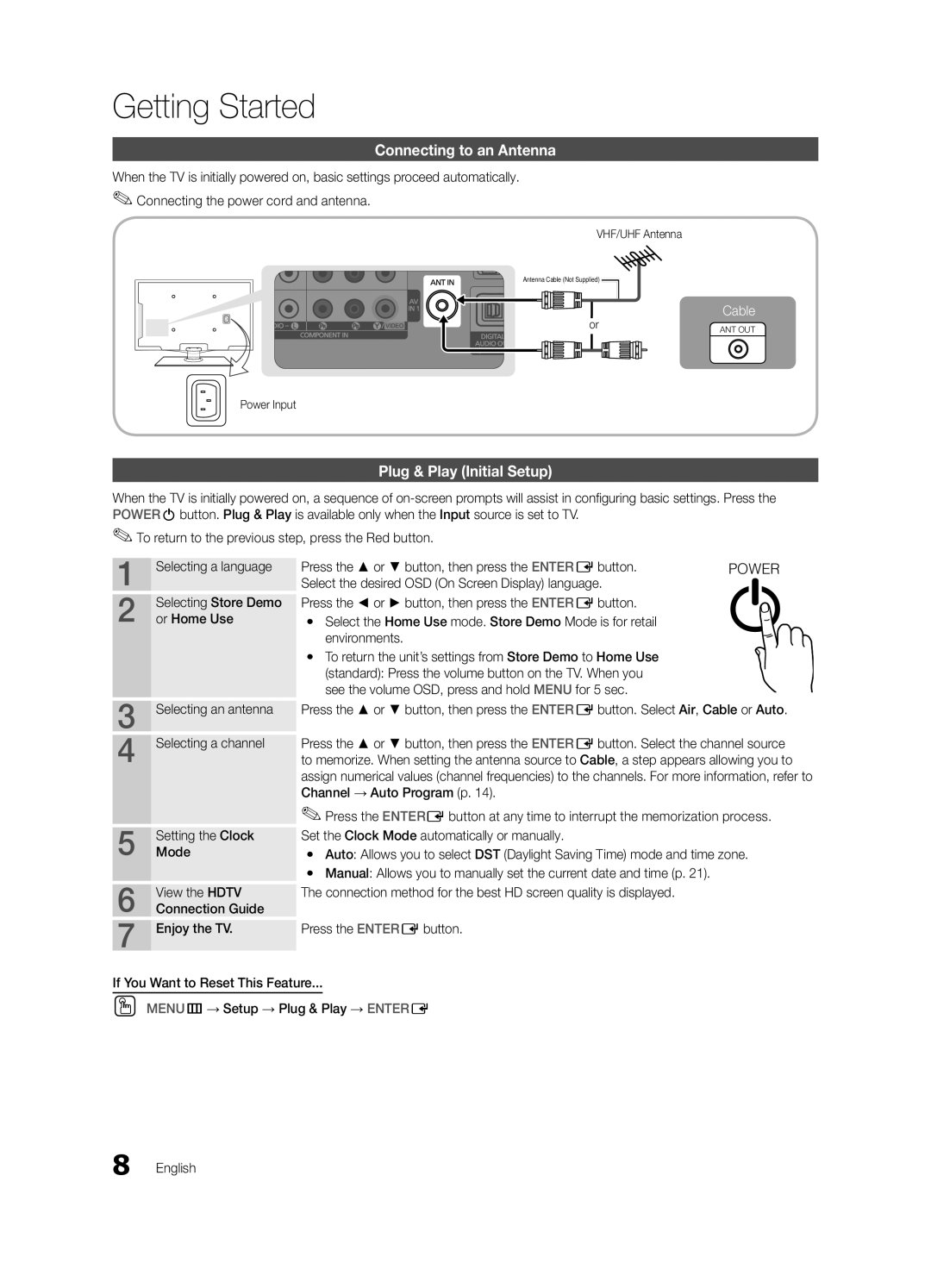 Samsung BN68-02541A-04, LC650-ZA Connecting to an Antenna, Plug & Play Initial Setup, VHF/UHF Antenna, Power Input 