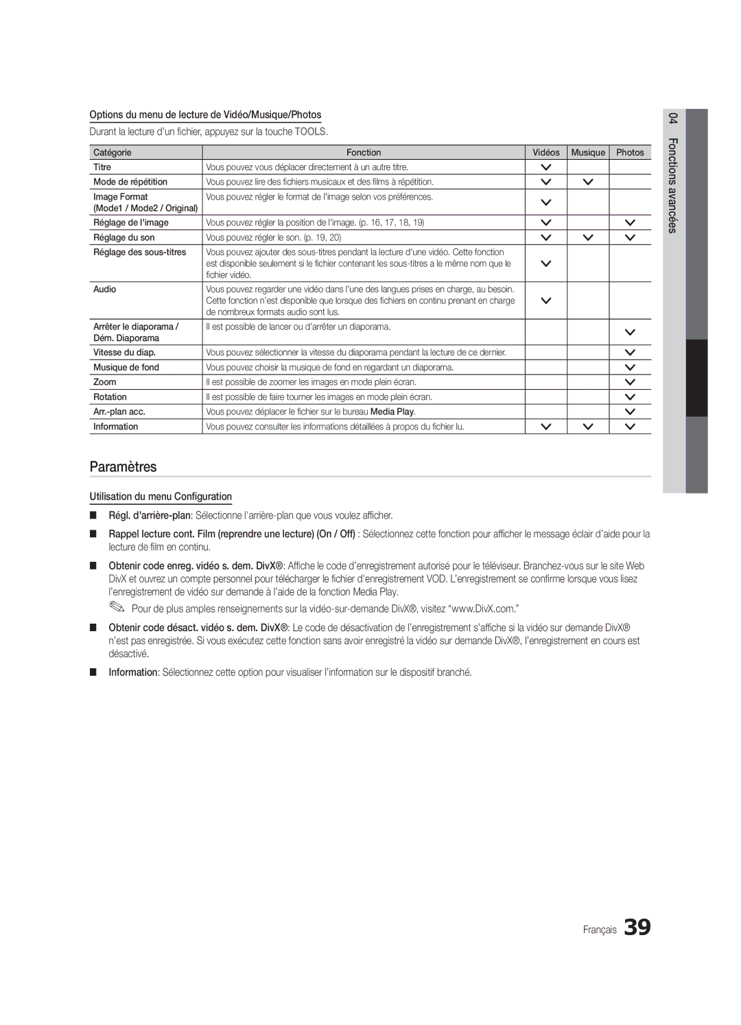 Samsung LC650-ZC, BN68-02541C-03 user manual Paramètres, Fichier vidéo Audio 