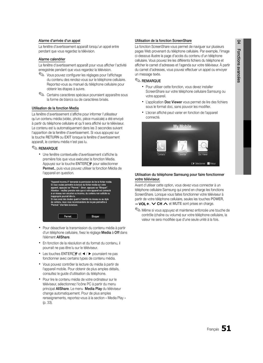 Samsung LC650-ZC, BN68-02541C-03 user manual Alarme darrivée dun appel, Alarme calendrier, Utilisation de la fonction Media 