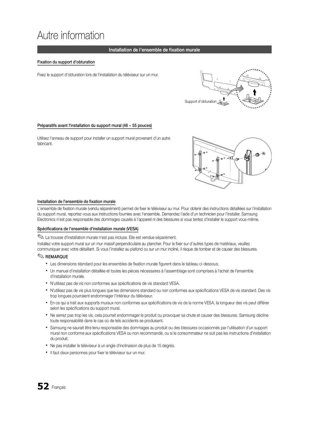 Samsung BN68-02541C-03, LC650-ZC Autre information, Installation de l’ensemble de fixation murale, Support dobturation 